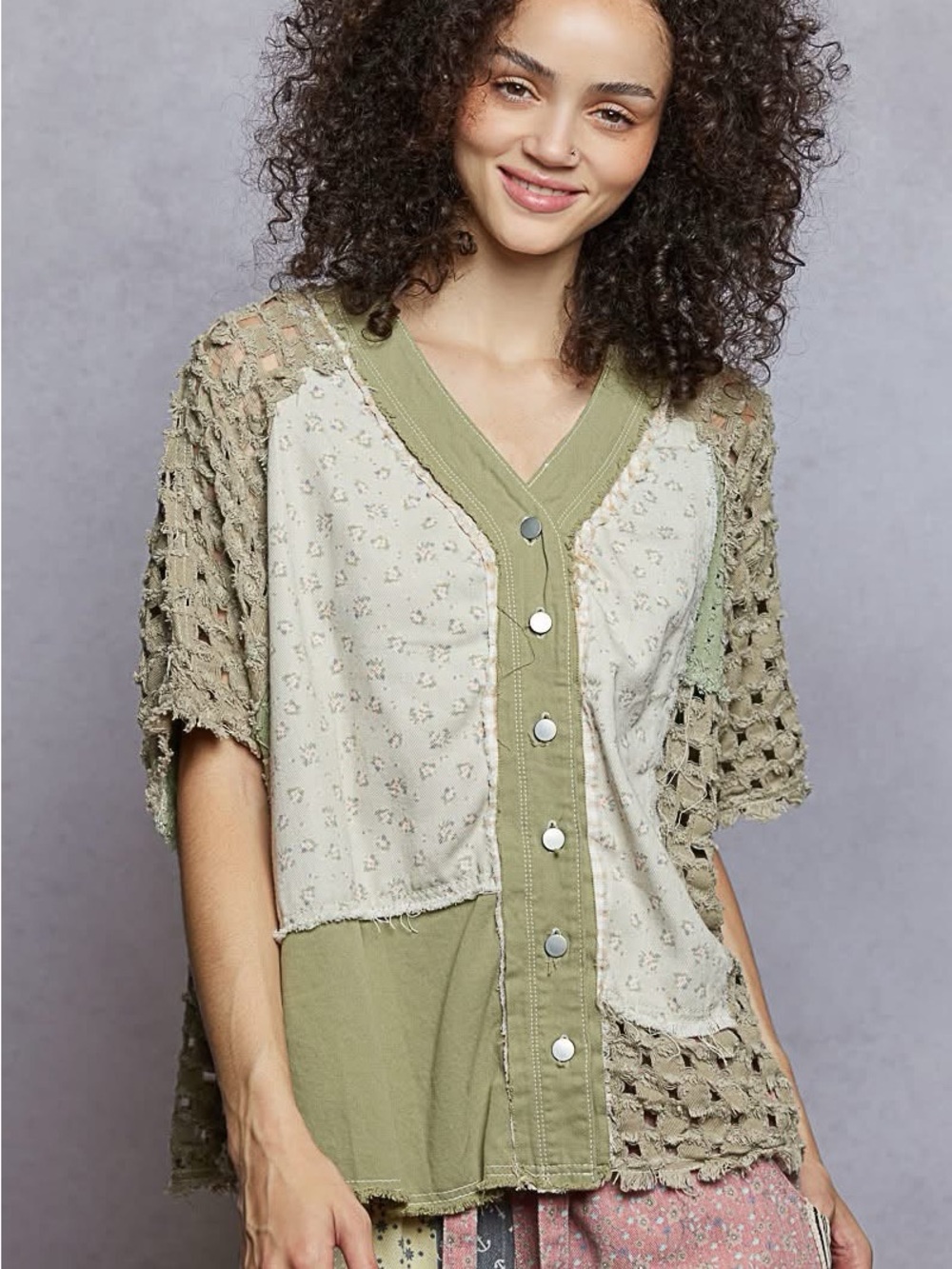 POL Olive & Cream Patchwork Button-Front Top